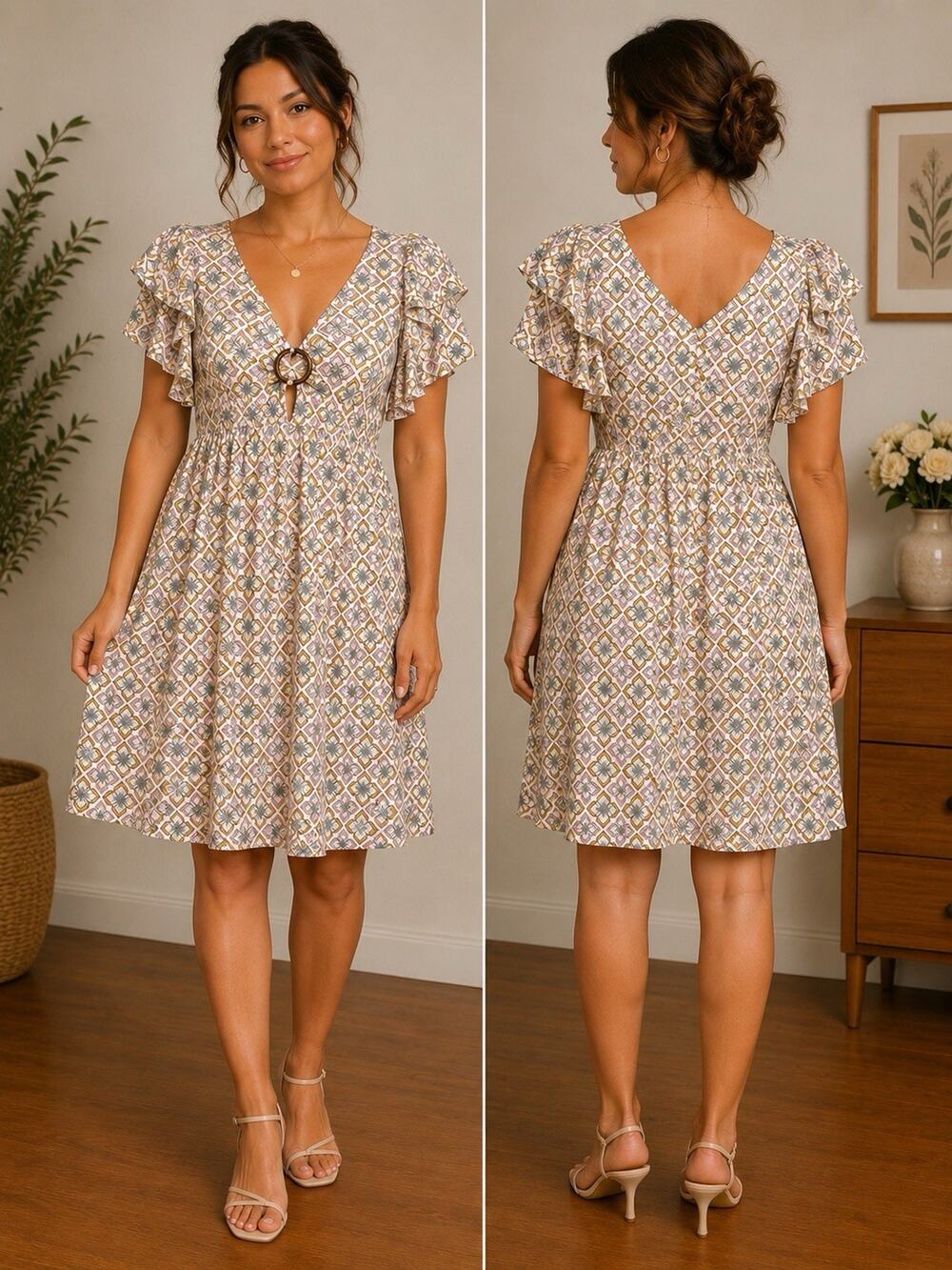 Boho Floral Midi Dress Cutout Ruffle Sleeve Retro Print Size M